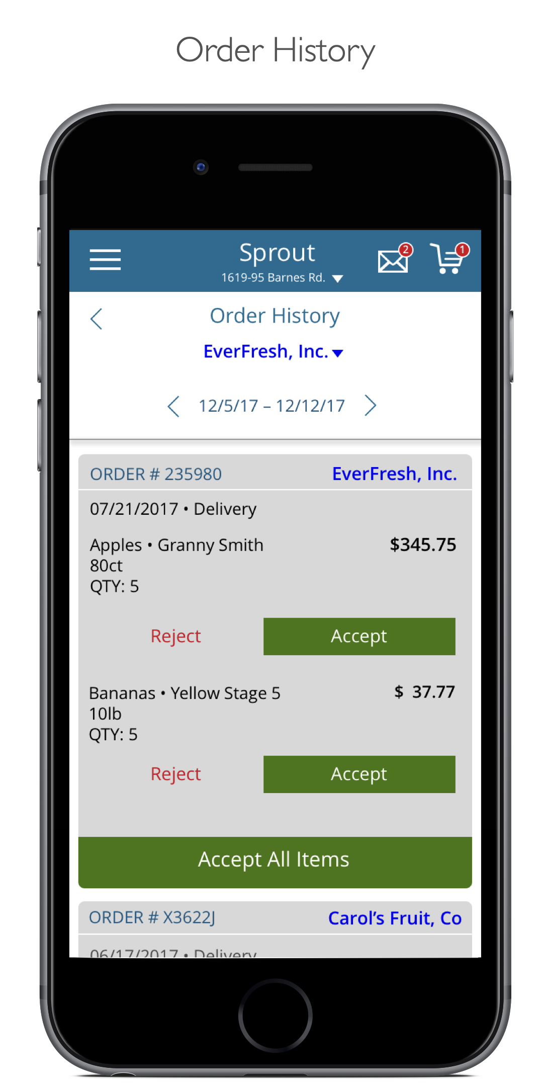 Sprout mobile ordering screen
